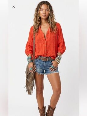 J.Jill Textured Button-Up Blouse Orange Women's 3/4 Sleeve V-Neck Peasant Top